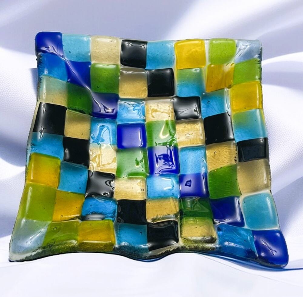 Vintage Italian Murano Art Fused Glass Geometric Design Trinket Dish